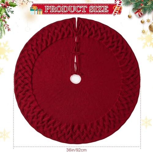 TOCHGREEN Red Knitted Christmas Tree Skirt 36 Inches Chunky Cable Knit Rustic Holiday Decor