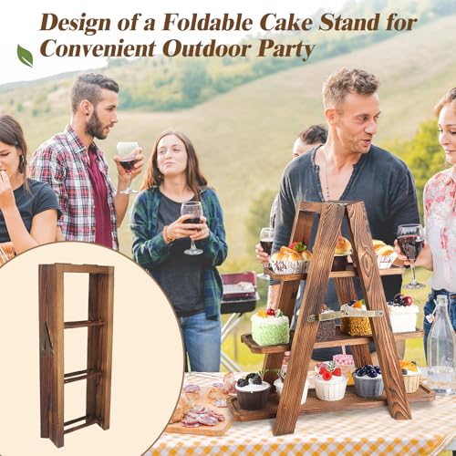 Wooden 3-Tier Cupcake Stand with Swing & Flower Decor - Brown