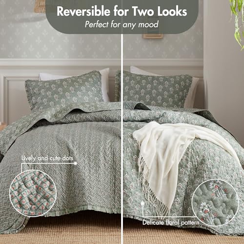 Madison Park Vintage Floral Reversible Bed Quilt Set King Cal Green Sage
