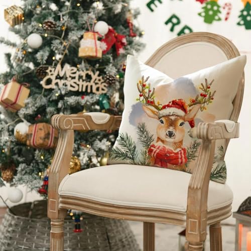 White 20x20 Inch Christmas Reindeer Pillow Cover - Farmhouse Holiday Decor
