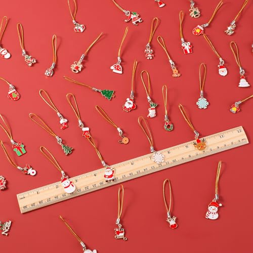 48 PCS Mini Christmas Ornaments Small Tree Decorations Christmas Charms for Jewelry Making with Gold Rope for Xmas Craft Hanging Decor