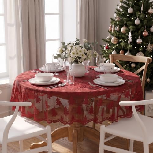 Horaldaily Christmas Lace Round Table Cloth 60x60 Inch Red - Holiday Decor