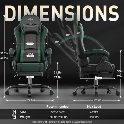 Gaming Chair with USB Massage Lumbar Support - Black & Green High Back Ergonomic Seat