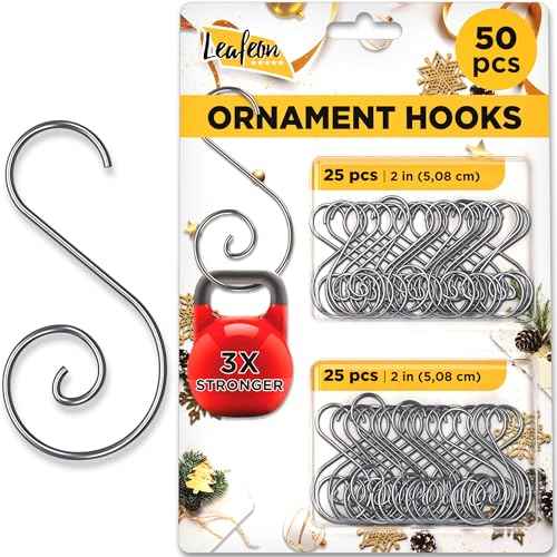 Leafeon 50 Pack S-Shaped Christmas Ornament Hooks ? Great S-Shaped Ornament Hangers for Christmas Tree Decoration (Silver)