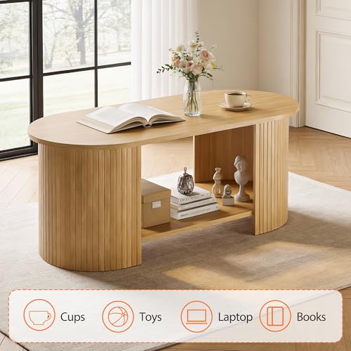 Oak MXV Oval Fluted Coffee Table 2-Tier Mid Century Modern Center Table with Storage - 42 Inches