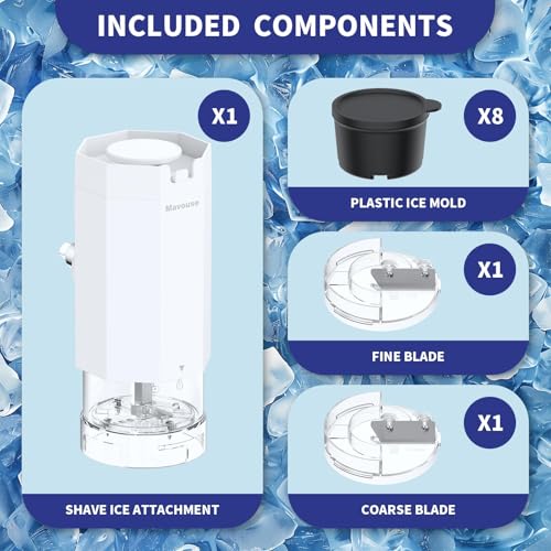 Shave Ice Attachment for Kitchenaid Stand Mixer with 8 Ice Molds - Snow Cone Shaver, Coarse & Fine Blades