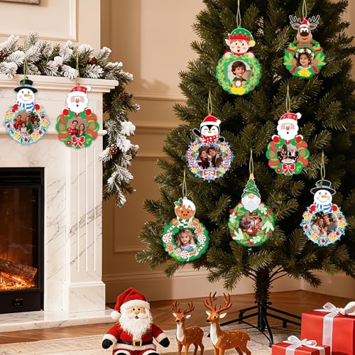 VABAMNA 28 Pack Christmas Picture Frame Craft Kit for Kids, Christmas Wreath Kit DIY Photo Frame Paper Crafts Gingerbread Snowman Hanging Ornaments for Xmas Tree Winter Art Home Classroom Activities