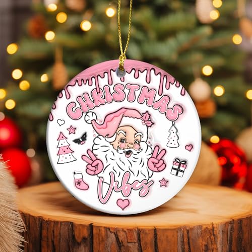 SunSky Sending Christmas Vibes 3D Ceramic Ornament – 3" Round Santa, Funny Holiday Gift (Christmas Vibe)
