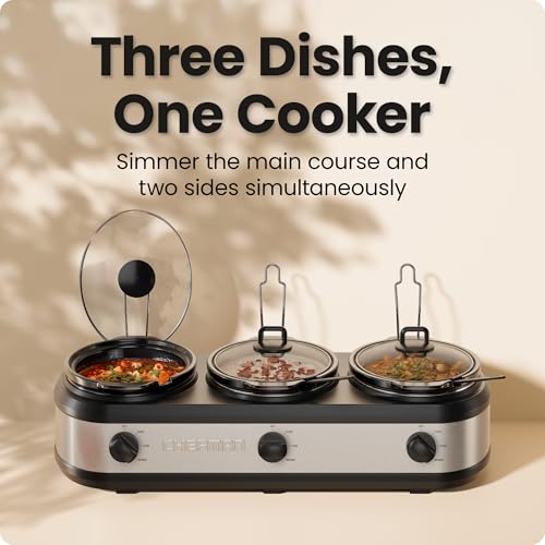Chefman 7.5 Quart Triple Slow Cooker & Food Warmer - 3 Crocks, Stainless Steel