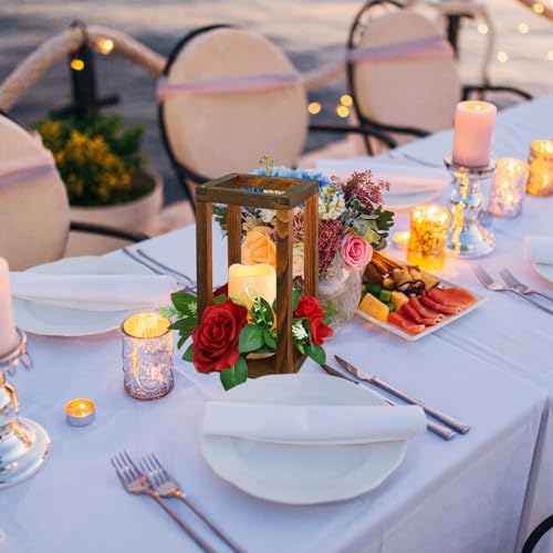 Wooden Wedding Lantern Centerpieces with Red Rose & LED Candles - Rustic Decor Set