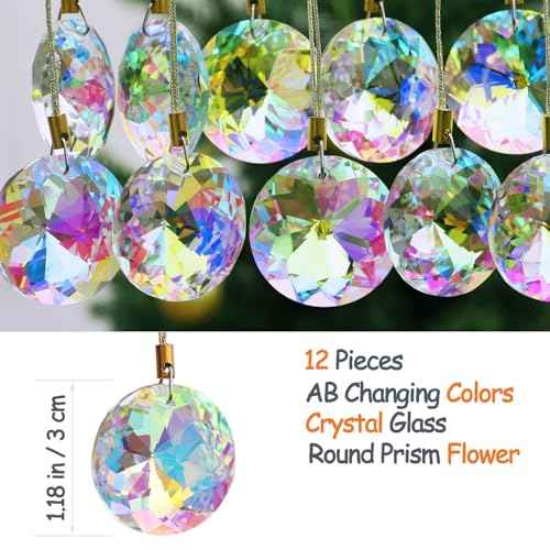 12 Pcs Crystal Glass Christmas Balls Ornaments, 1.18¡È Mini Round Prism Flower Xmas Tree Decorations, Hanging Ornament for Wedding Party Home Decor (Crystal AB)