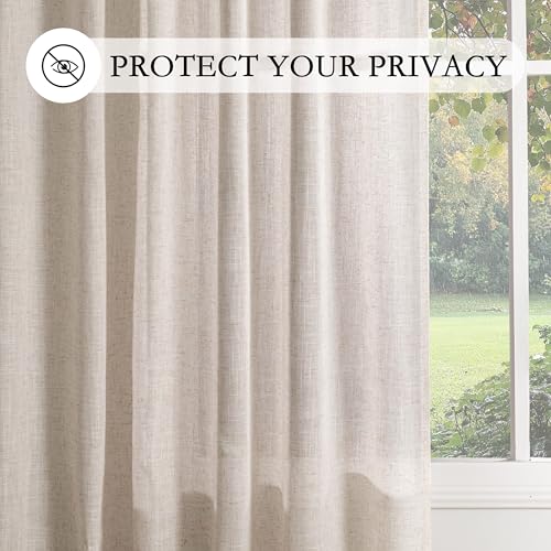 Linen Curtains for Living Room - 50W x 96L Semi Sheer Farmhouse Drapes Set of 2 Natural Linen