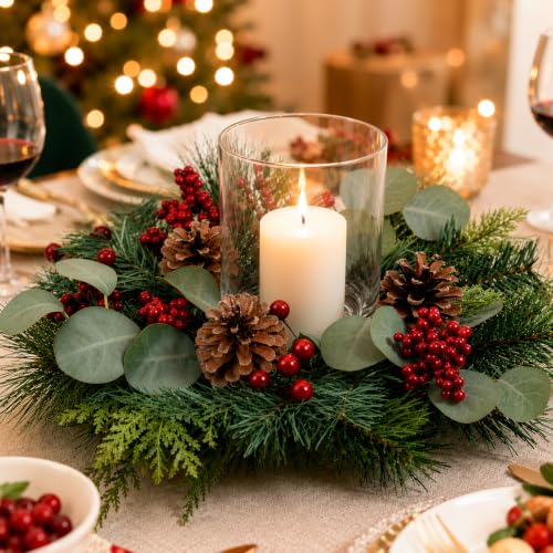 Lewondr 18-Inch Christmas Wreath Candle Holder with Glass Cup and Red Berries, Green & Red