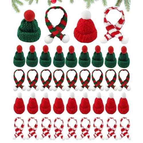 Mini Knit Hat Christmas Scarf Set Mini Santa Hats for Crafts Christmas Decorations Tree Ornaments for DIY Craft Art Snowman Doll Winter Wine Bottle Gifts 40PCS(Red&Green)
