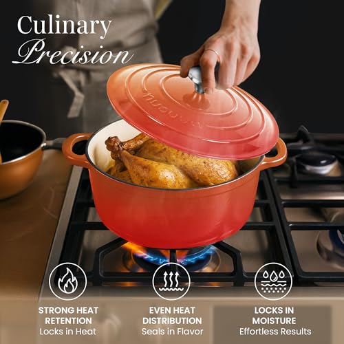 Nuovva Enamelled Cast Iron Dutch Oven Pot with Lid 6.4 Quart Non Stick Casserole Pot – Heavy Duty & Oven Safe up to 500° F for Bread Baking, Braising, Stews, Roasting – 28cm Pink