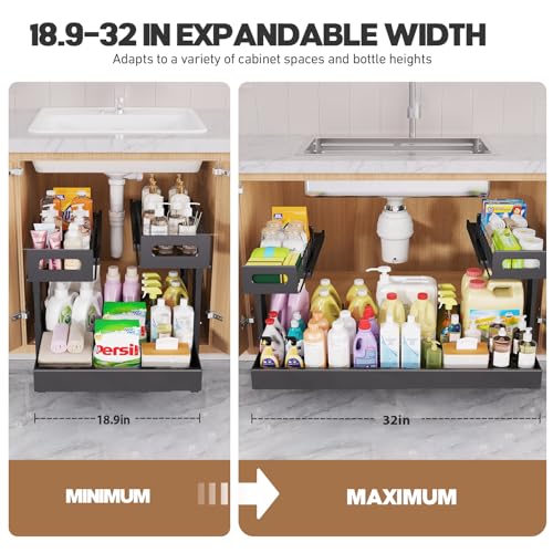 Biboraya Black Expandable Under Sink Organizer 19-32 Inches, 2-Tier Pull Out Cabinet Storage