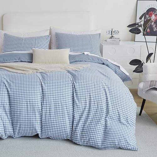Queen Comforter Set - Blue Gingham Reversible Bedding 3 Pieces