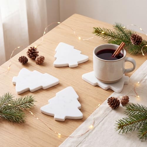 Acellegic Christmas Trees Marble Coasters Set of 4 White 4.7 x 3.9 inches - Holiday Table Decor
