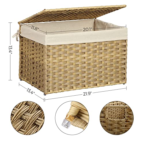 SONGMICS 65L Woven Storage Basket with Lid, Foldable Laundry & Organization Bin