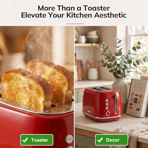 2 Slice Stainless Steel Toaster Retro with 6 Bread Shade Settings,