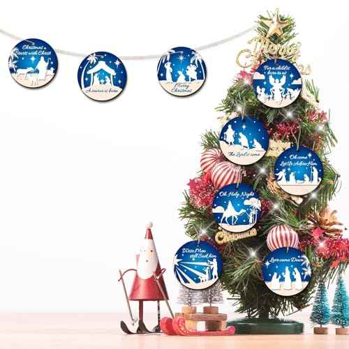 36 Pcs Nativity Scene Christmas Tree Ornaments Wooden Nativity Xmas Tree Hanging Decorations Christian Wooden Ornaments Nativity Scene Accessories for Home Holiday Decor (b)