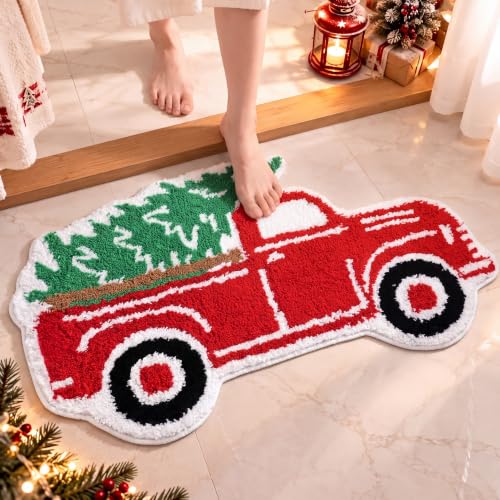 Tinideya Christmas Truck Bath Mat - Water Absorbing Flocked Shower Rug with Non-Slip Backing