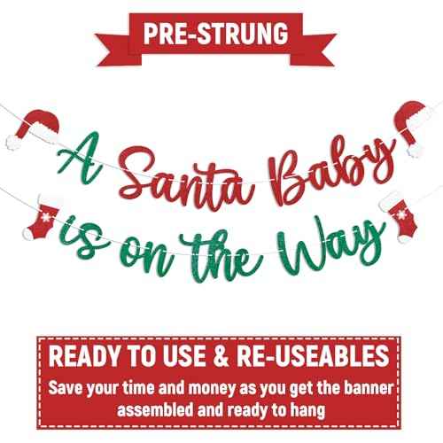 Santa Baby is on the Way Banner - Christmas Baby Shower Decorations, Winter New Year Birthday Party Decorations, Red & Green Glitter