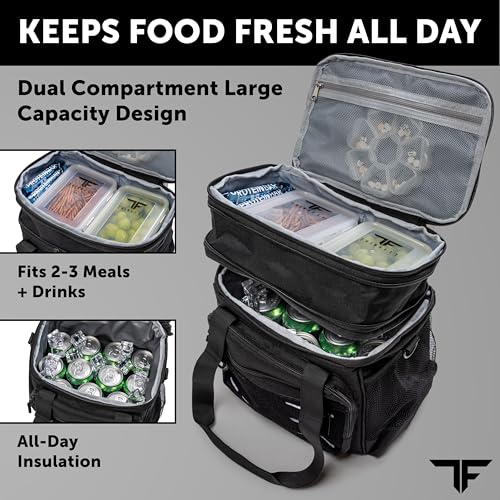 Heavy Duty Tactical Lunch Box for Men - Expandable Insulated Bag with Shoulder Strap - Black