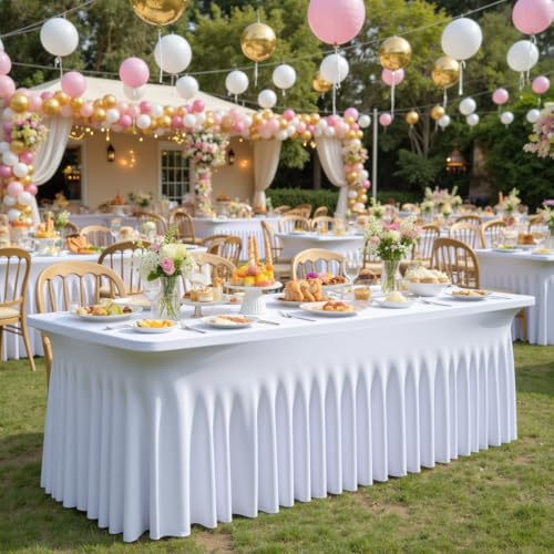 CO-AVE 6-Pack White 6FT Spandex Table Skirts for Rectangle Tables Wedding Party