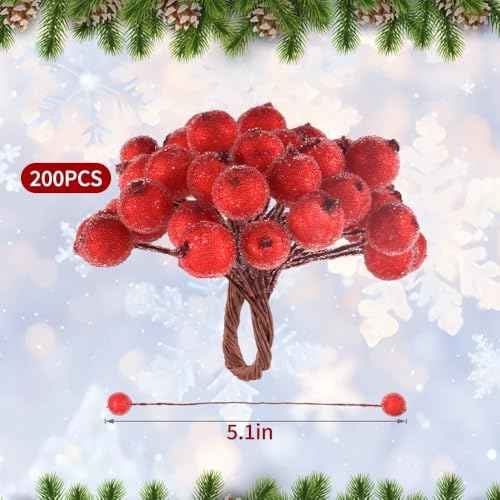 200PCS Artificial Holly Berries Wired Stems Artificial Flowers 12MM Frosted Fake Berries, Red