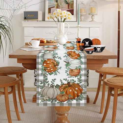 Fall Table Runner, Kaluofan 2024 Table Runner 13"x72", Thanksgiving Table Runner, Fall Decorations for Home, Grid Pattern Around Various Pumpkin for Dining Table Decorations