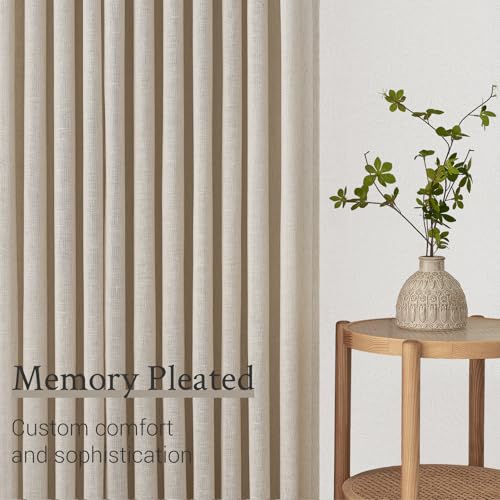 Topfinel Oatmeal Linen Blended Pleated Sheer Curtains - 2 Panels, 40"x96", Light Filtering Window Drapes, Pack of 2