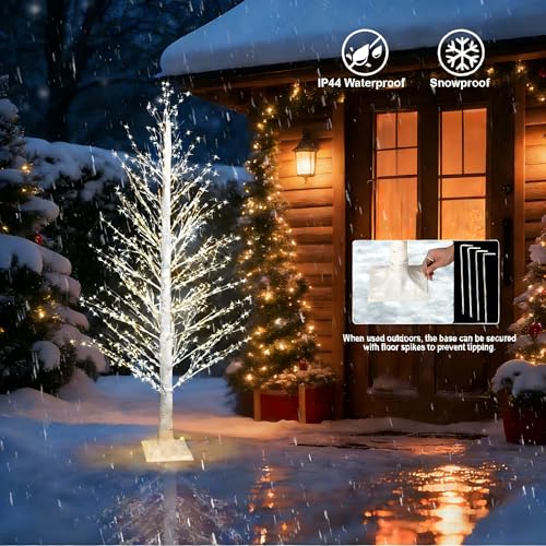 6FT White LED Birch Tree with 1300 Lights, Xmas & Indoor Outdoor Decor