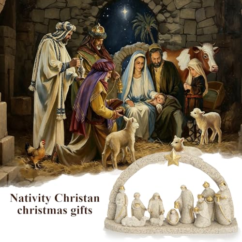 VELLORUM Nativity Scene Set with Arch – 11 Resin Figurines, Gold Accents