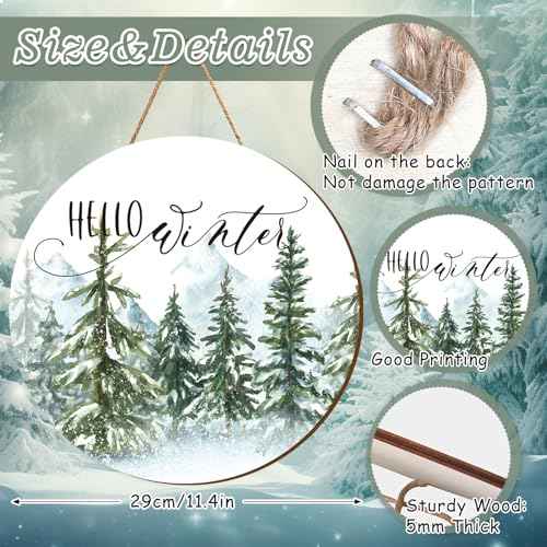 Whaline Christmas Hello Winter Wooden Hanging Sign Christmas Pine Trees Welcome Door Sign Xmas Winter Holiday Farmhouse Rustic Wreath Sign for Indoor Outdoor Home Wall Window Decor