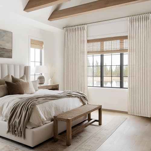 Natural Linen Light Filtering Curtains Pack of 2 - 60W x 96L Inches, Pleated Semi Sheer Farmhouse Drapes
