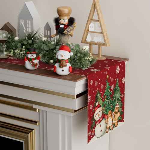 XCHI Winter Red Snowman Gingerbread Man Christmas Tree Xmas Table Runner Table Decoration for Party Home Kitchen Dining Holiday Decor 13x72 Inch