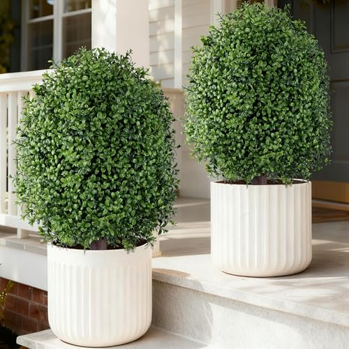 Green Boxwood Artificial Topiary Trees 24-Inch Outdoor Faux Bushes, 2 Pack