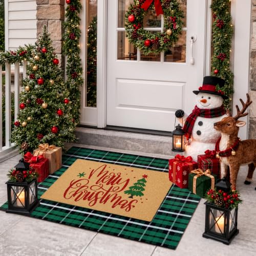 Christmas Door Mat 28x43 Inches Buffalo Plaid Cotton Outdoor Rug, Green & Black, Washable