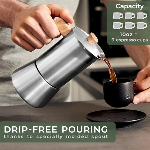 Stainless Steel 10oz Moka Pot with Oak Wood Handle - Italian Espresso Maker for Stovetop & Induction - Toxic-Free Coffee Brewer