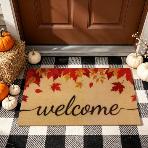 Fall Welcome Door Mat 24x36 Inches with Maple Leaves Non Slip Outdoor Indoor