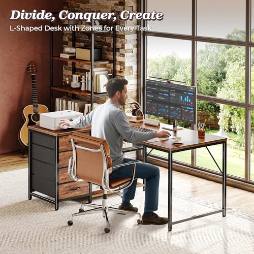 Reversible Small L Shaped Desk with Power Outlets & 4 Drawers - Rustic Brown, 43.3 Inches