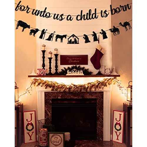 Black Glitter For Unto Us A Child Is Born Banner and Christmas Nativity Scenes Garland Banner Holy Family Xmas Nativity Party Decorations Jesus Manger Scene Religious Christmas Holiday Fireplace Mantle Supplies