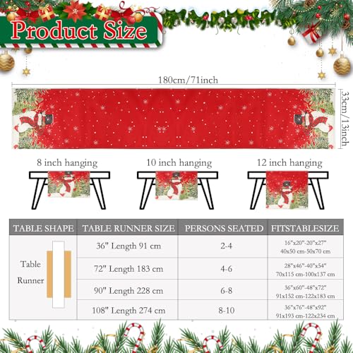 Christmas Table Runner, Xmas Table Runners for Table, Snowman Trees Snowflakes Red Winter Table Runner Xmas Dining Table Decorations for Christmas Party Holiday Home Kitchen Decorations, 13x72 Inch