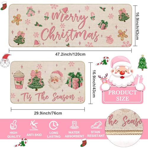 Pink Christmas Kitchen Rugs Set - Santa, Tree & Bow Holiday Floor Mats 17x27 & 17x47 inches