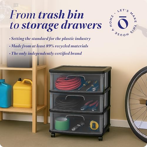 HOMZ 3-Tier Storage Cart with Removable Wheels - Black Frame, Multi-Purpose Portable Organizer