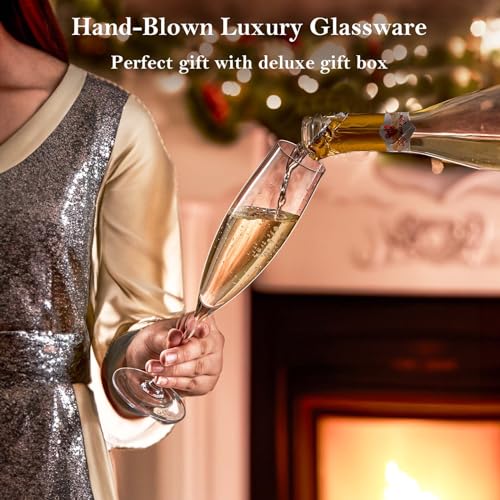 JBHO Set of 4 Hand Blown Champagne Flutes - Elegant Lead-Free Crystal Glasses for Weddings & Celebrations