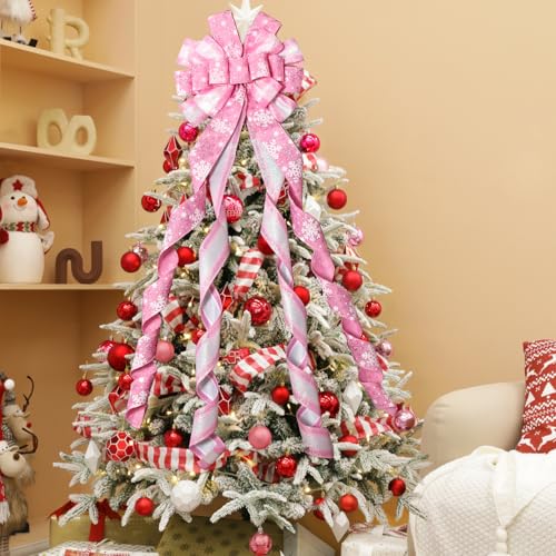 Pink Christmas Tree Topper Bow 52x13 Inches with Snowflake Pattern for Xmas Holiday Decor