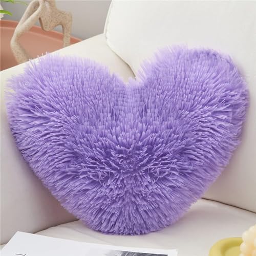 MOOWOO Plush Fluffy Heart Pillow, Fuzzy Throw Pillows for Mom Gifts,Solid Color, Zipper Close Decorative,ShaggyThrow Pillow for Valentines Day -Purple