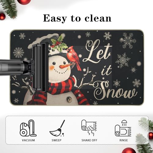 MEHOFOND Christmas Kitchen Rugs Set of 2 Black Snowflake Snowman Deer Winter Holiday Floor Mats, 17x29 & 17x47 Inches